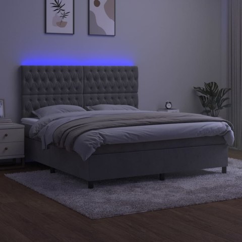 Łóżko kontynentalne z materacem i LED, szare 180x200cm, aksamit