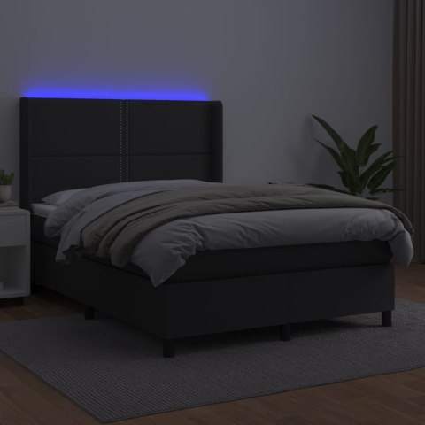 Łóżko kontynentalne, materac i LED, czarna ekoskóra, 140x190 cm