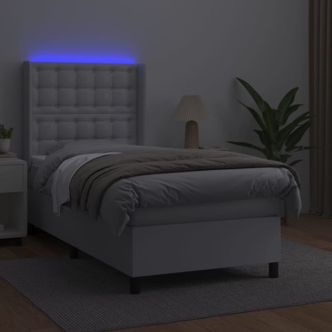 Łóżko kontynentalne z materacem i LED, biała ekoskóra 90x190 cm