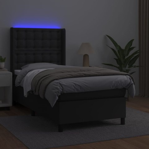 Łóżko kontynentalne z materacem i LED czarna ekoskóra 100x200cm