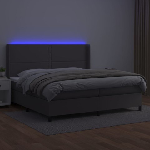 Łóżko kontynentalne z materacem i LED, szara ekoskóra 200x200cm