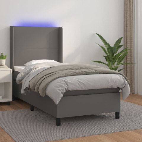 Łóżko kontynentalne z materacem i LED, szara ekoskóra 90x190 cm
