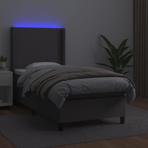 Łóżko kontynentalne z materacem i LED, szara ekoskóra 90x190 cm