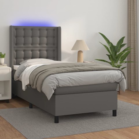 Łóżko kontynentalne z materacem i LED, szara ekoskóra 90x190 cm