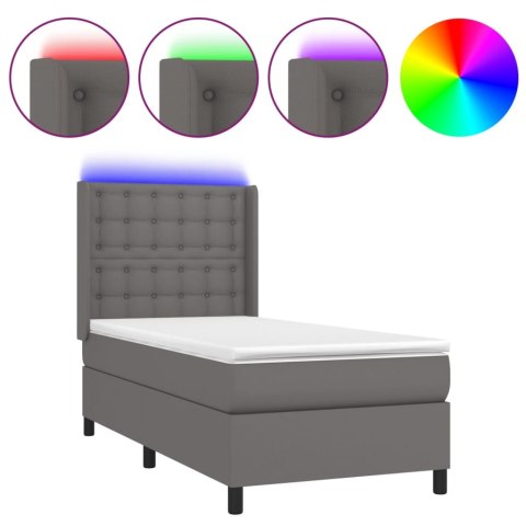 Łóżko kontynentalne z materacem i LED, szara ekoskóra 90x190 cm