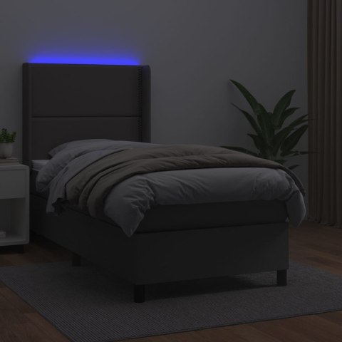 Łóżko kontynentalne z materacem i LED, szara ekoskóra 90x200 cm