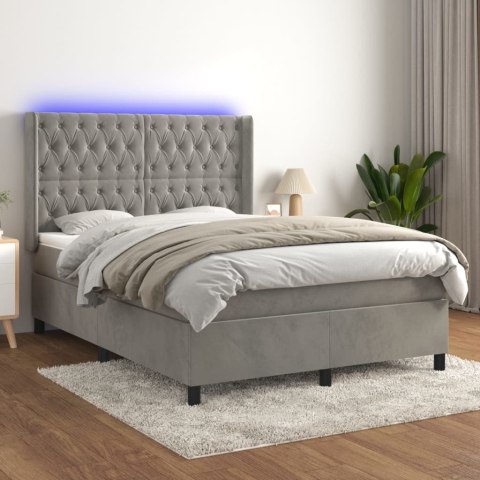 Łóżko kontynentalne z materacem i LED, szare 140x200cm, aksamit