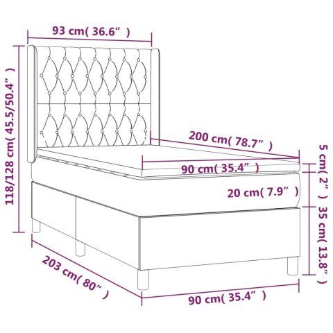Łóżko kontynentalne z materacem i LED, szare 90x200 cm, aksamit
