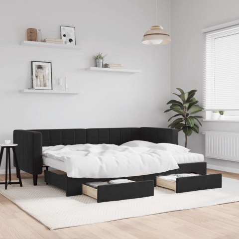 Sofa rozsuwana z szufladami, czarna, 80x200 cm, aksamit