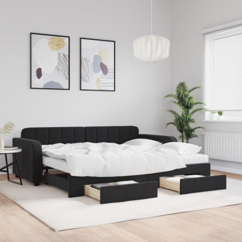 Sofa rozsuwana z szufladami, czarna, 90x190 cm, aksamit