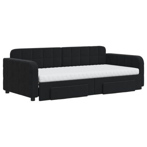 Sofa rozsuwana z szufladami, czarna, 90x190 cm, aksamit
