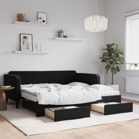 Sofa rozsuwana z szufladami, czarna, 90x190 cm, aksamit