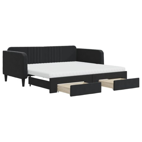 Sofa rozsuwana z szufladami, czarna, 90x190 cm, aksamit