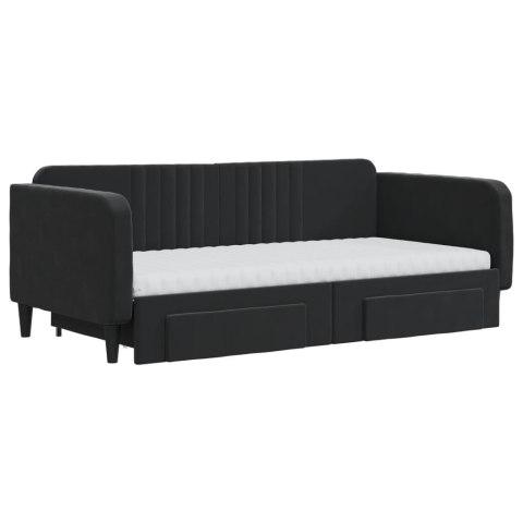 Sofa rozsuwana z szufladami, czarna, 90x190 cm, aksamit