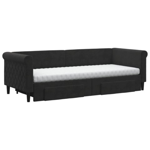 Sofa rozsuwana z szufladami, czarna, 80x200 cm, aksamit