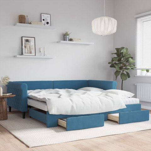 Sofa rozsuwana z szufladami, niebieska, 100x200 cm, aksamit