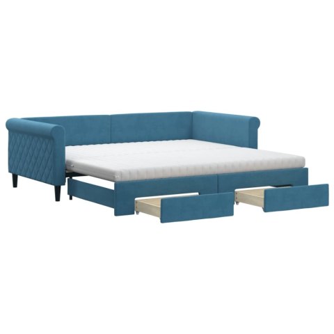 Sofa rozsuwana z szufladami, niebieska, 100x200 cm, aksamit