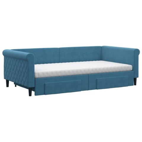 Sofa rozsuwana z szufladami, niebieska, 100x200 cm, aksamit