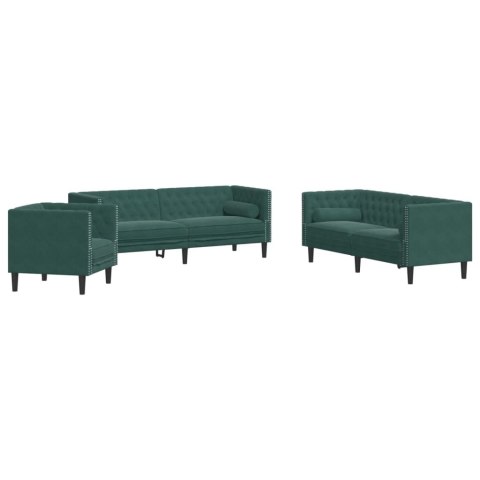 3-cz. wypoczynek Chesterfield z wałkami, ciemnozielony, aksamit