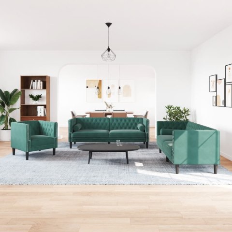 3-cz. wypoczynek Chesterfield z wałkami, ciemnozielony, aksamit