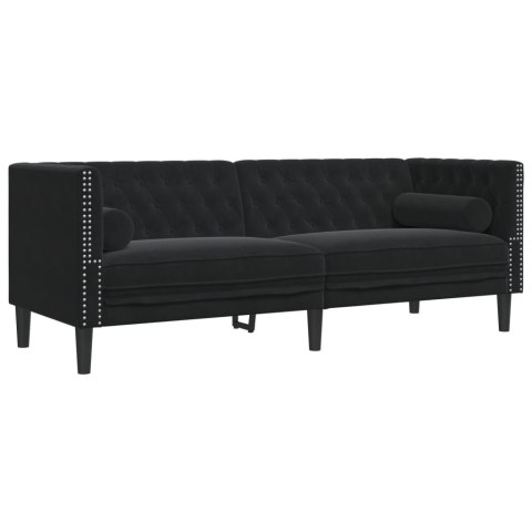 2-cz. wypoczynek Chesterfield z wałkami, czarny, aksamit