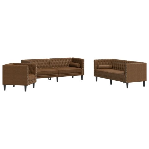 3-cz. wypoczynek Chesterfield z wałkami, brązowy, zamszowy