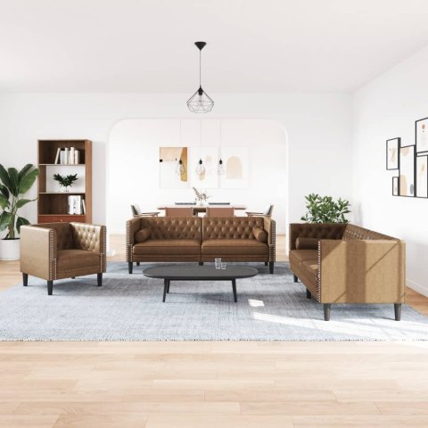 3-cz. wypoczynek Chesterfield z wałkami, brązowy, zamszowy