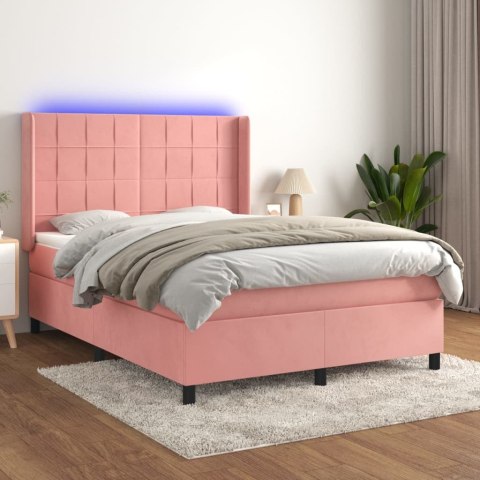 Łóżko kontynentalne z materacem i LED, różowy aksamit 140x190cm