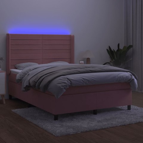 Łóżko kontynentalne z materacem i LED, różowy aksamit 140x190cm