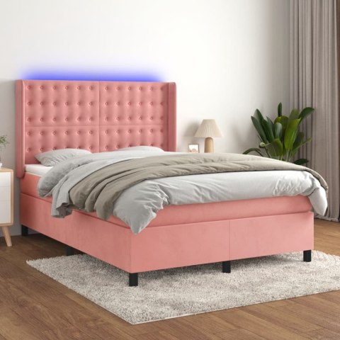 Łóżko kontynentalne z materacem i LED, różowy aksamit 140x190cm