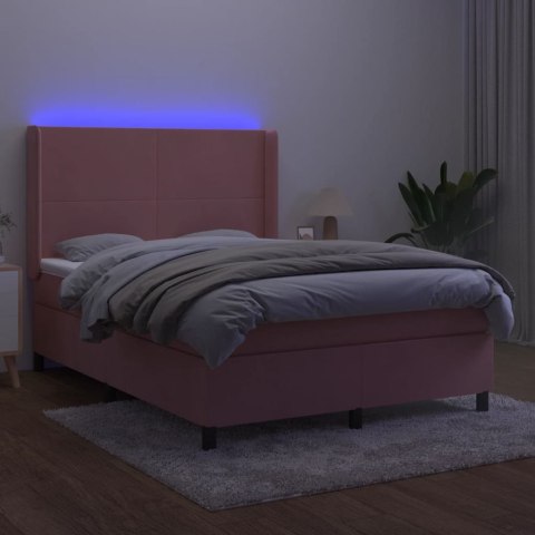 Łóżko kontynentalne z materacem i LED, różowy aksamit 140x200cm