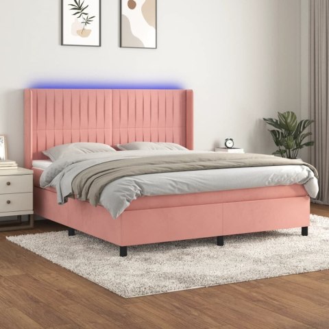 Łóżko kontynentalne z materacem i LED, różowy aksamit 160x200cm