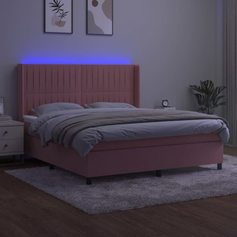 Łóżko kontynentalne z materacem i LED, różowy aksamit 160x200cm