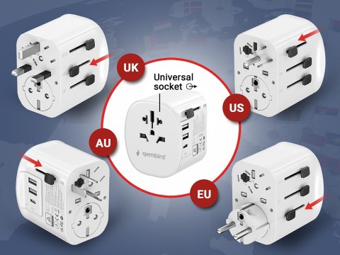 GEMBIRD UNIWERSALNY ADAPTER PODRÓŻNY Z UZIEMIENIEM 15 W, BIAŁY