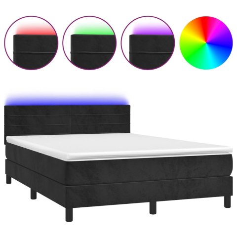 Łóżko kontynentalne z materacem i LED, czarny aksamit 140x190cm