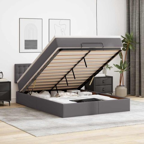 Łóżko otomana z materacami i LED, szara, 140x190cm, ekoskóra
