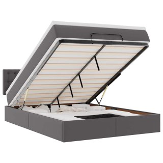 Łóżko otomana z materacami i LED, szara, 140x190cm, ekoskóra