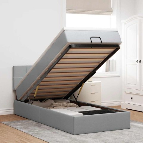 Łóżko Ottoman z materacem i LED, jasnoszary, 90x200 cm, tkanina