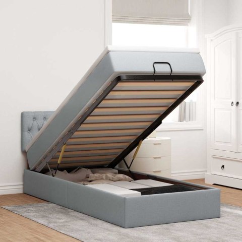 Łóżko Ottoman z materacem i LED, jasnoszary, 90x200 cm, tkanina
