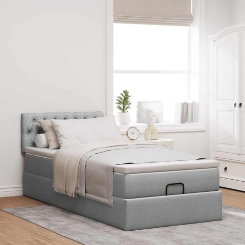 Łóżko Ottoman z materacem i LED, jasnoszary, 90x200 cm, tkanina