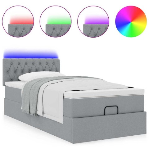 Łóżko Ottoman z materacem i LED, jasnoszary, 90x200 cm, tkanina