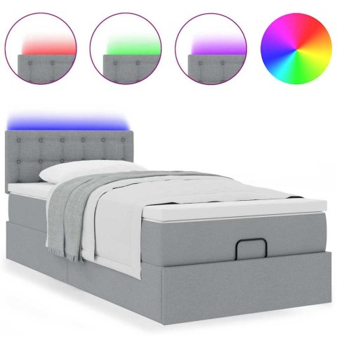 Łóżko Ottoman z materacem i LED, jasnoszary, 90x200 cm, tkanina