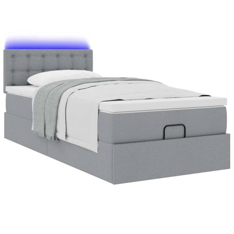 Łóżko Ottoman z materacem i LED, jasnoszary, 90x200 cm, tkanina