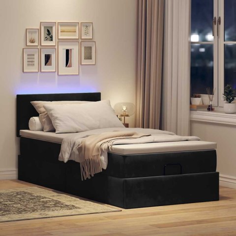 Łóżko Ottoman z materacem i LED, czarny, 80x200cm, aksamit