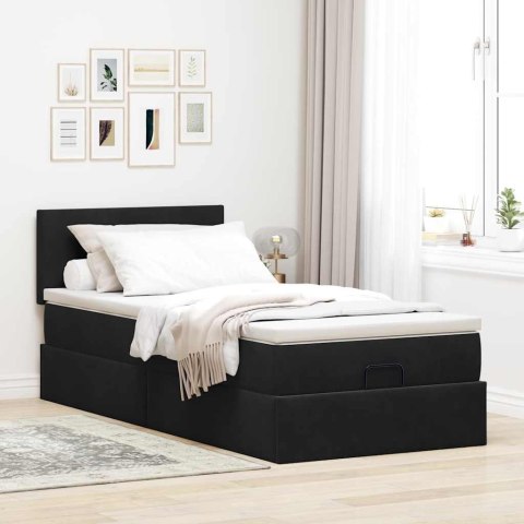 Łóżko Ottoman z materacem i LED, czarny, 80x200cm, aksamit