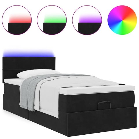 Łóżko Ottoman z materacem i LED, czarny, 80x200cm, aksamit