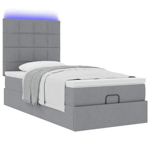 Łóżko Ottoman z materacem i LED, jasnoszary, 90x200 cm, tkanina