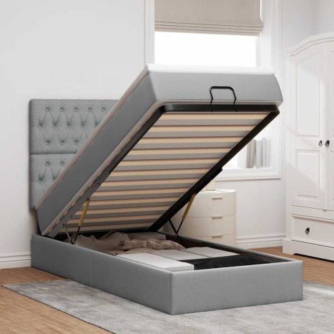Łóżko Ottoman z materacem i LED, jasnoszary, 90x200 cm, tkanina