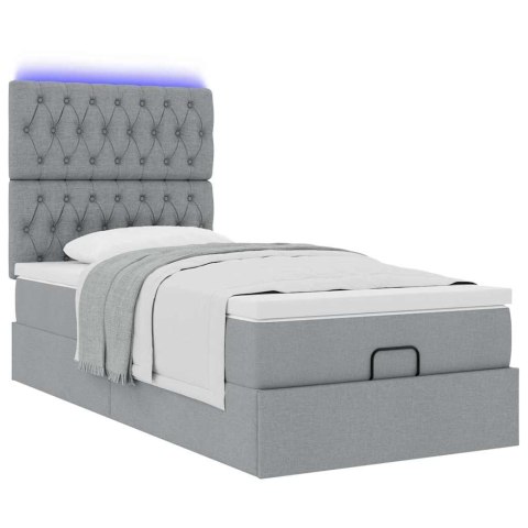 Łóżko Ottoman z materacem i LED, jasnoszary, 90x200 cm, tkanina