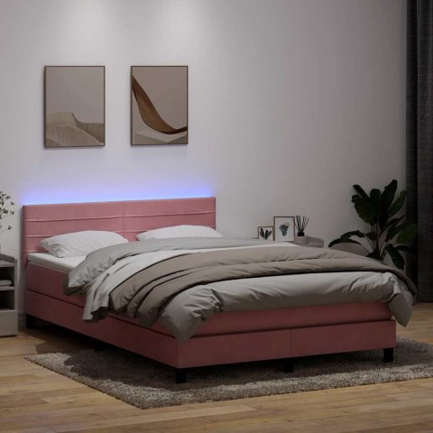 Łóżko kontynentalne z materacem i LED, różowe, 160x210 cm, aksamit